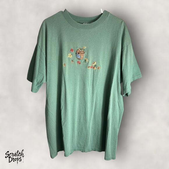 Vintage 90s Men's Tshirt XL USA Made Green Cotton Owl Embroidery Retro Style V09 - Picture 1 of 4